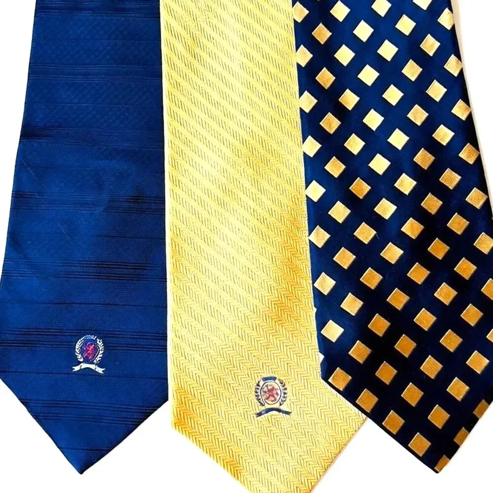 VTG 90s Tommy Hilfiger Silk Ties Neckties Navy Blue Gold Crest Logo USA Lot Of 3